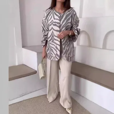 Women's Striped Printed French Lapel Suit Jacket Gray Stripes - Shop at LoveMi