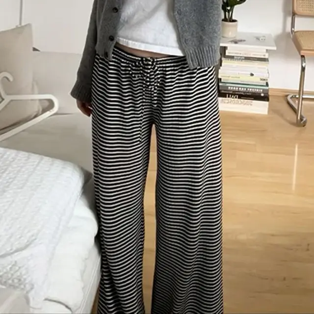 Fashion Striped Knitted Casual Pants Women Black - Shop at LoveMi