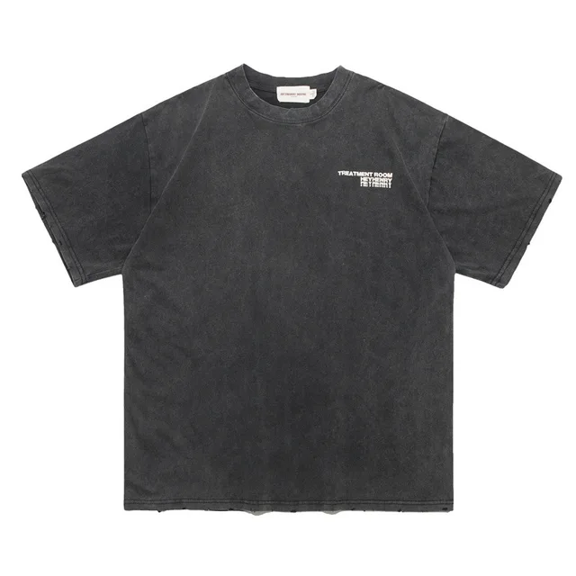 American High Street Retro Distressed Fashion Letters Printed Tatted Washed Short Sleeve Black - Shop at LoveMi