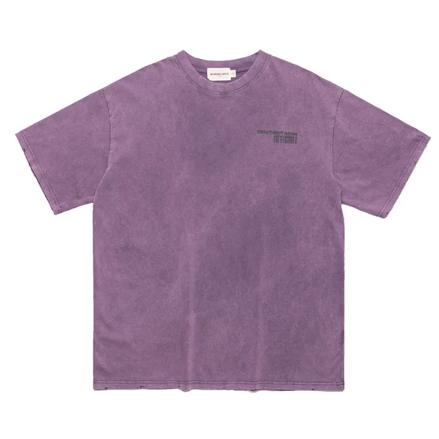 American High Street Retro Distressed Fashion Letters Printed Tatted Washed Short Sleeve Purple - Shop at LoveMi