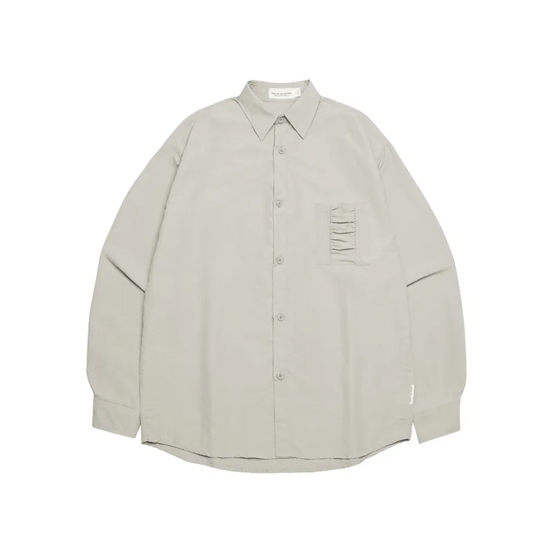 Retro Wrinkle Dry Pocket Design Shirt Loose Long Sleeve - Apricot