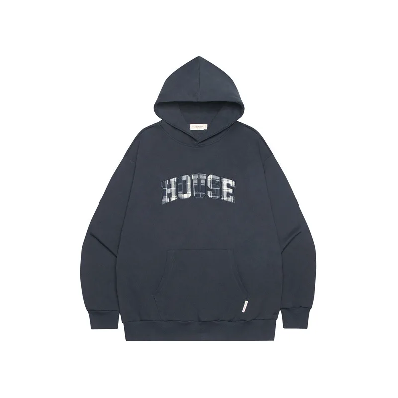 American Letter Patch Embroidery Design Loose Hooded Casual Versatile Couple Sweater Sapphire Blue - Shop at LoveMi
