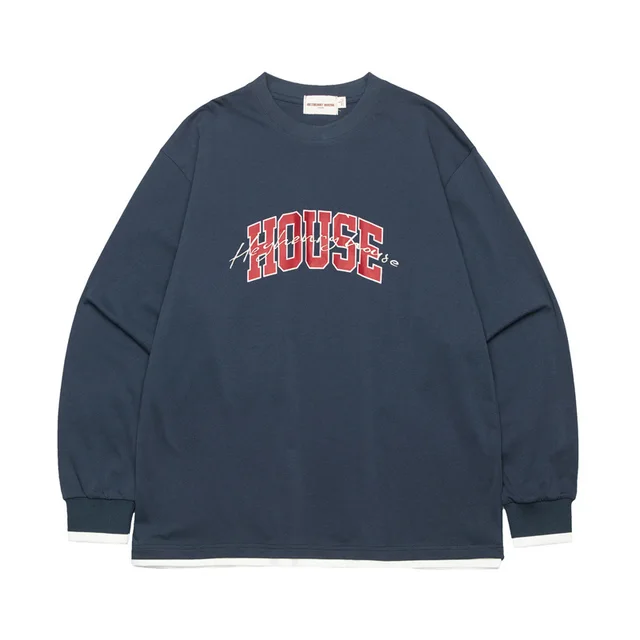 Letter Printed T shirt Fake Two Pieces Round Neck Loose Long Sleeves Sapphire Blue - Shop at LoveMi
