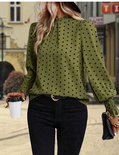 Polka Dot Printed Puff Sleeve Elegant Women's Shirt Green - Shop at LoveMi