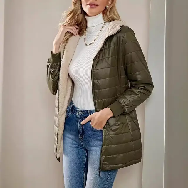 Mid length Loose Hooded Fleece lined Quilted Cotton Jacket Army Green - Shop at LoveMi