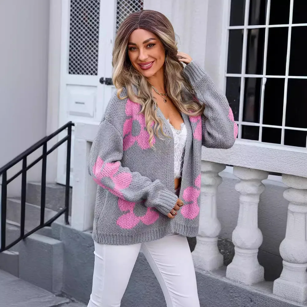 Women's Cardigan Flower Plus Size Sweater Gray - Shop at LoveMi