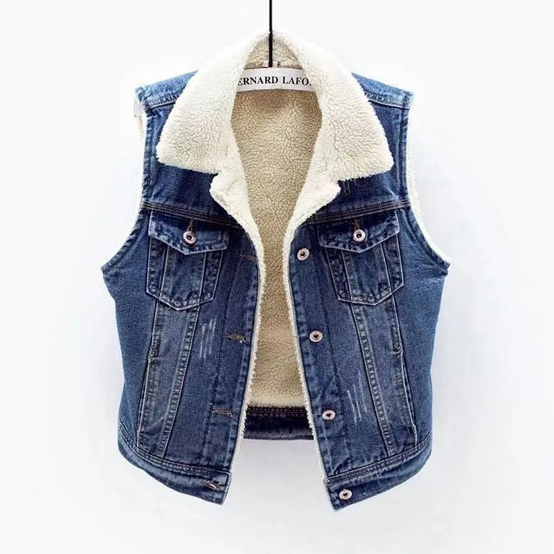 Lamb Wool Denim Cotton-padded Waistcoat Women - Lamb Wool Dark 999