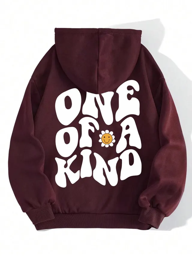 Chrysanthemum Smile Printed Hoodie Sweater Wine Red - Shop at LoveMi
