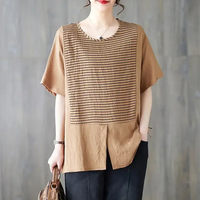 Cotton And Linen Plus Size Women's Clothing Short sleeved T shirt Loose Striped Stitching Khaki - Shop at LoveMi