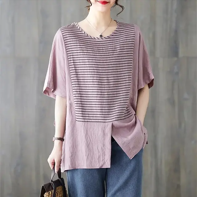 Cotton And Linen Plus Size Women's Clothing Short sleeved T shirt Loose Striped Stitching Leather Pink - Shop at LoveMi