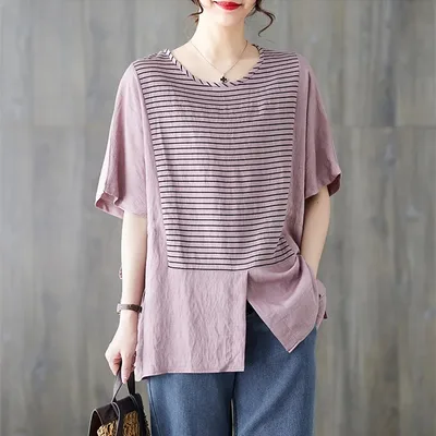Cotton And Linen Plus Size Women's Clothing Short sleeved T shirt Loose Striped Stitching Pink - Shop at LoveMi