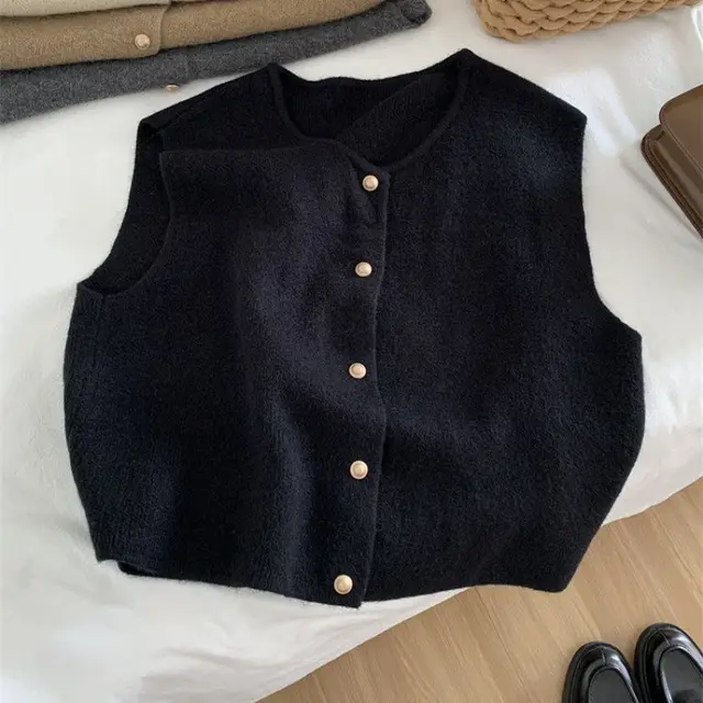 Women's Round Neck Knitted Vest Cardigan Black - Shop at LoveMi