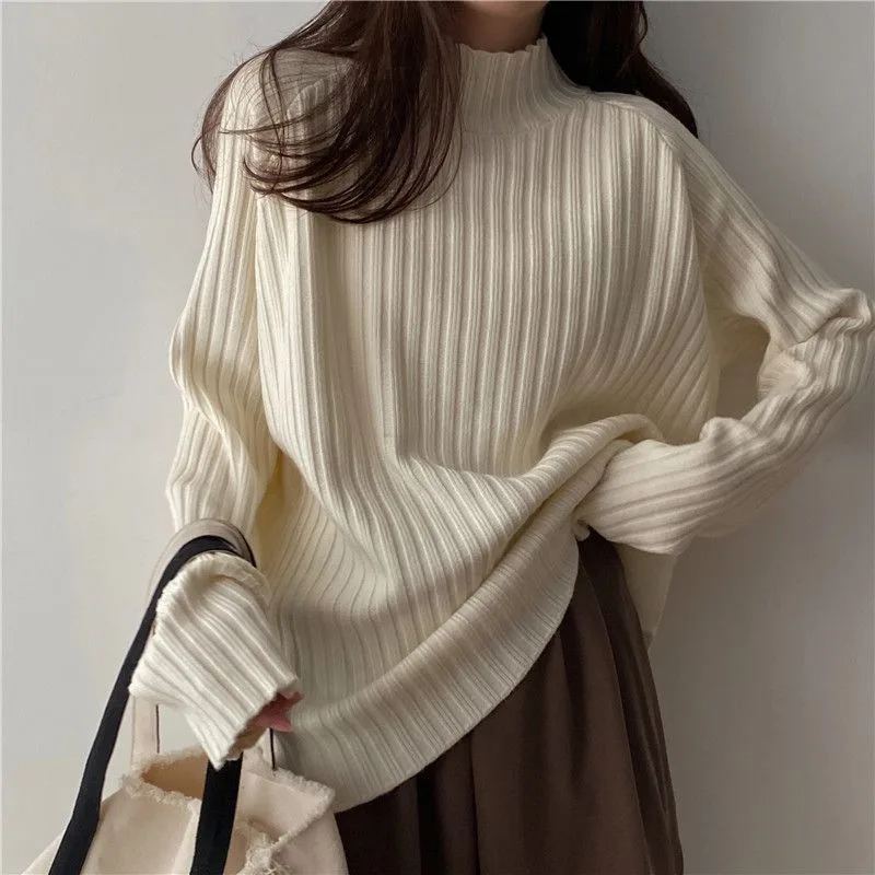 Idle Style Mock Neck Design Sense Loose Thick Inner Sweater Niche Top Apricot - Shop at LoveMi