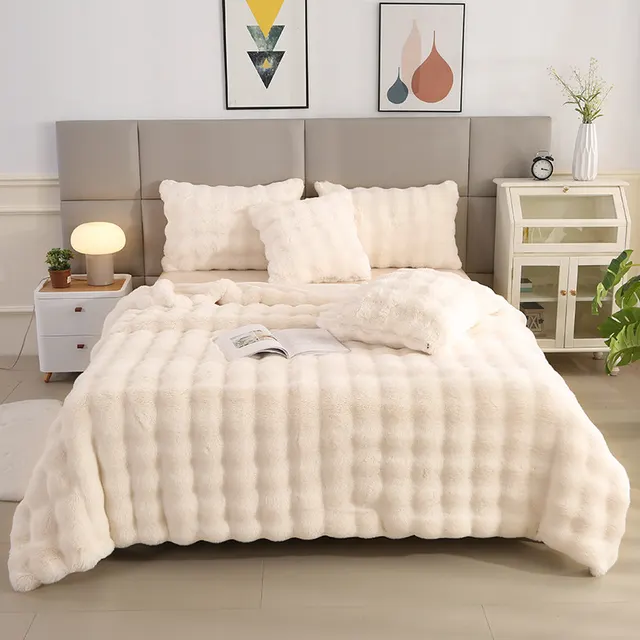 Large Bubble Rabbit Fur Thickened Double layer Warm Blanket Beige - Shop at LoveMi