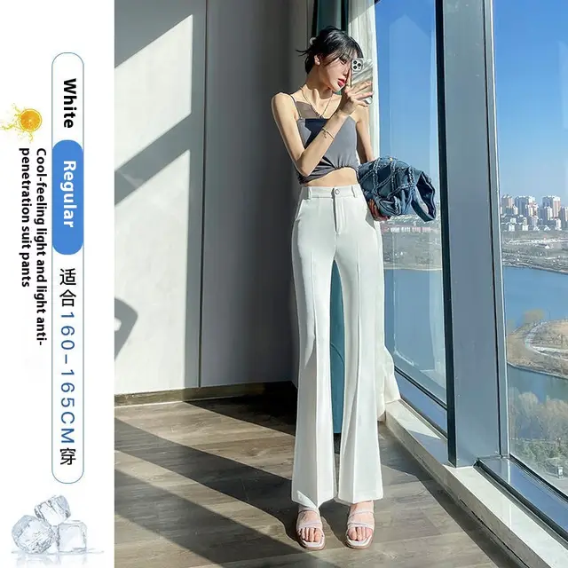 High Waist Drooping Slimming Casual Suit Bootcut Trousers White Conventional Style - Shop at LoveMi