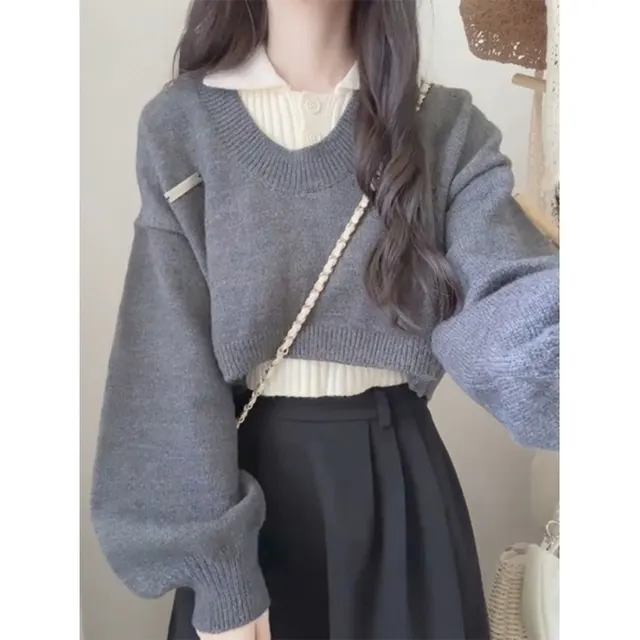 Contrast Color Pullover Design Knitwear Women's Sweater Vest Two piece Set Slim fit Crop top Gray7233 - Shop at LoveMi