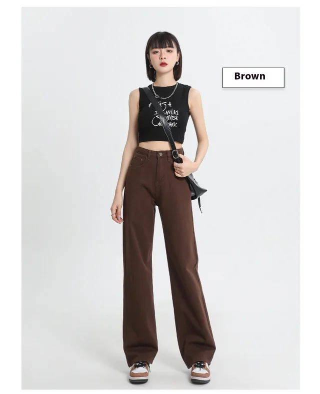 Brown Coffee Color Wide Leg Daddy Soft Straight Jeans Brown Coffee Color Trousers - Shop at LoveMi
