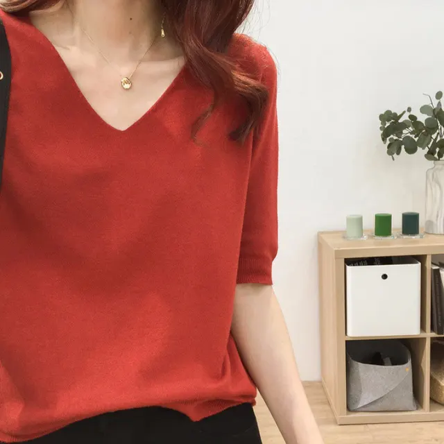 Ice Silk Sweater Women's Three quarter Sleeve Top Red - Shop at LoveMi