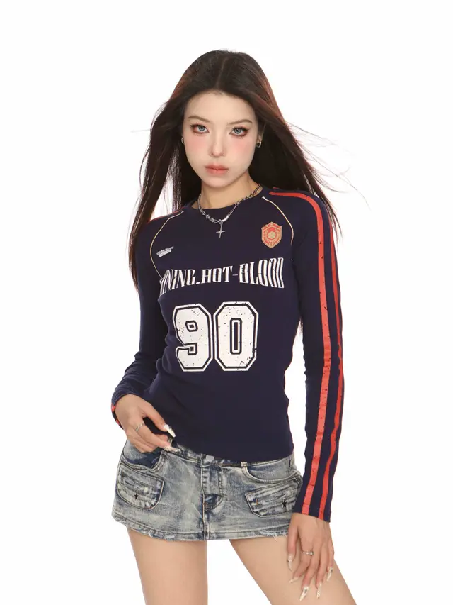 Retro Long sleeved T shirt Women's Sports Ball Uniform Dark Blue - Shop at LoveMi