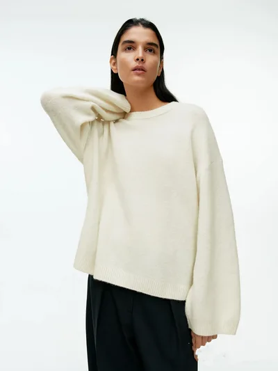 Pullover Women's Loose Thick Cashmere Round Neck Sweater Milky White - Shop at LoveMi