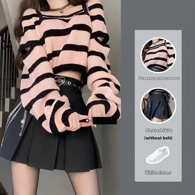 Striped Sweater Pleated Skirt Suit Women Suit - Shop at LoveMi