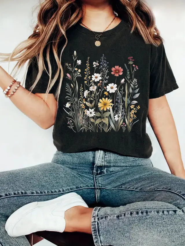 European And American Summer Women's Plant Flower Pattern Printed Short Sleeve Black - Shop at LoveMi