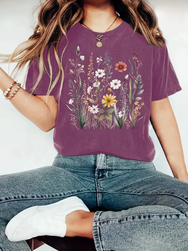 European And American Summer Women's Plant Flower Pattern Printed Short Sleeve Flower Dark Red - Shop at LoveMi