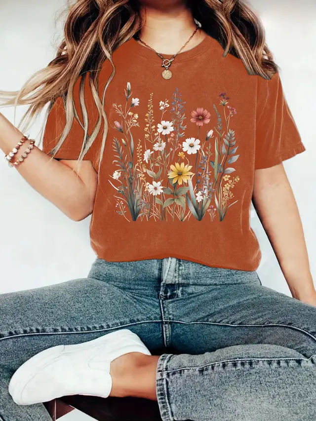 European And American Summer Women's Plant Flower Pattern Printed Short Sleeve Rust Red - Shop at LoveMi