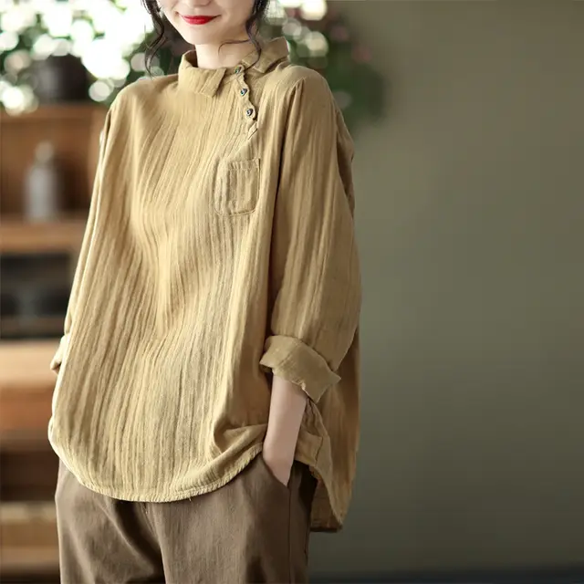 Vintage Oblique Placket Long sleeved Double layer Cotton Yarn Shirt Women's Artistic Pullover Top Khaki - Shop at LoveMi