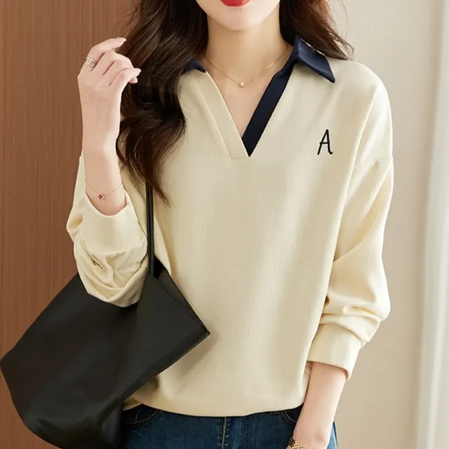 Lapel Contrast Color Loose Lazy Long Sleeve Hooded V neck Sweatshirt Greige - Shop at LoveMi