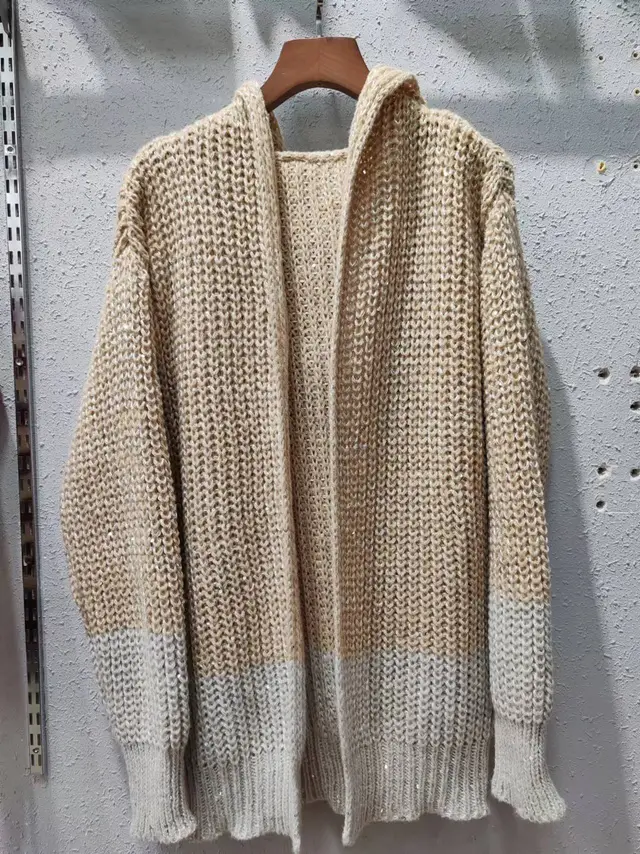 Hooded Cardigan Raglan Sleeve One Button Contrast Color Sequins Loose fitting Sweater - Shop at LoveMi