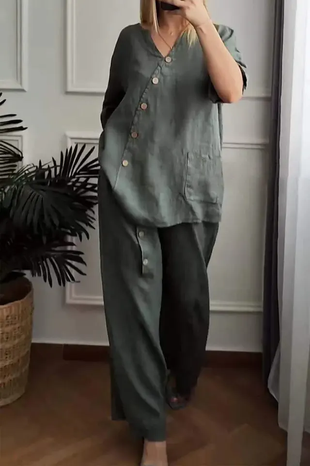 Solid Color Cotton And Linen Three quarter Sleeve Top Wide Leg Pants Two piece Set Army Green - Shop at LoveMi