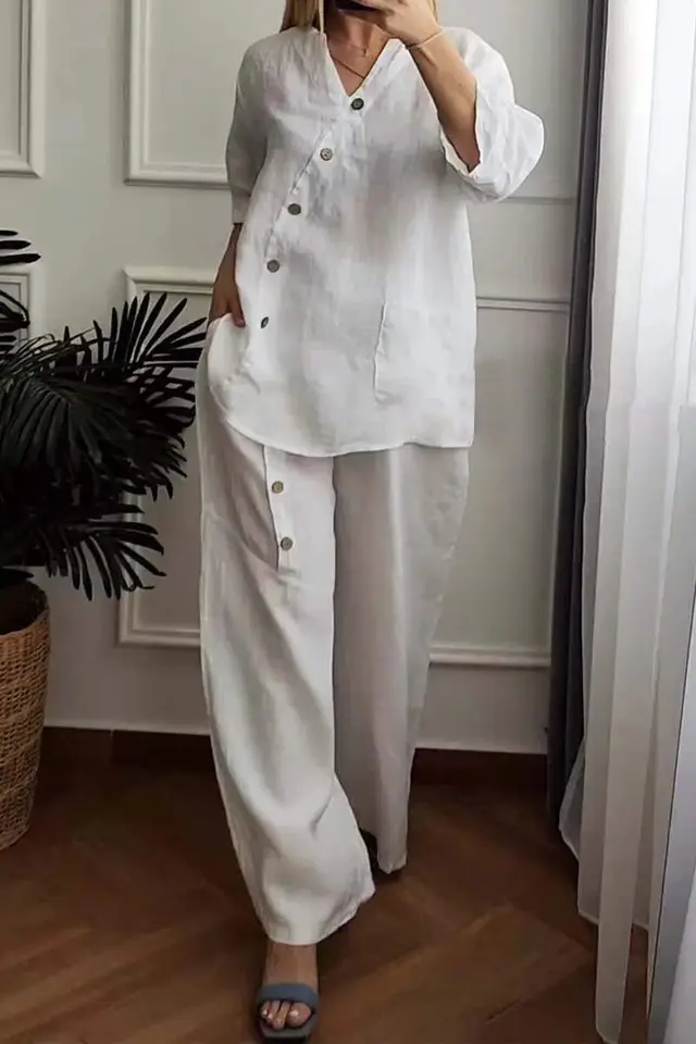 Solid Color Cotton And Linen Three quarter Sleeve Top Wide Leg Pants Two piece Set White - Shop at LoveMi