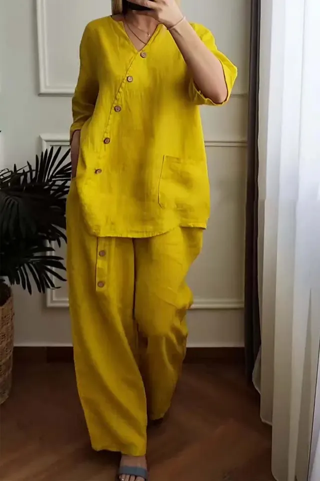 Solid Color Cotton And Linen Three quarter Sleeve Top Wide Leg Pants Two piece Set Yellow - Shop at LoveMi