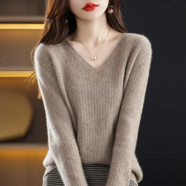Women's Knitwear V neck Pullover Base Drawstring Plus Size Short Sweater Camel - Shop at LoveMi