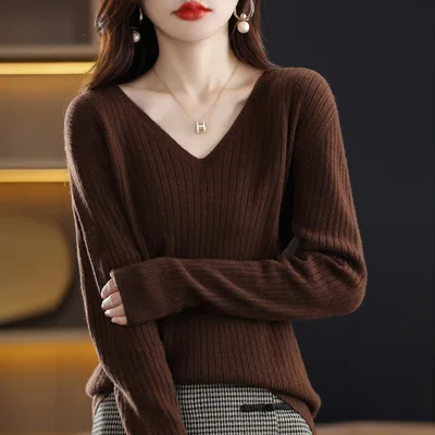 Women's Knitwear V neck Pullover Base Drawstring Plus Size Short Sweater Coffee - Shop at LoveMi