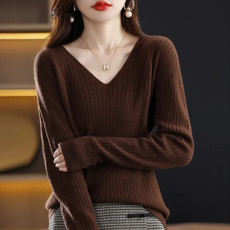 Women's Knitwear V-neck Pullover Base Drawstring Plus Size Short Sweater - Coffee