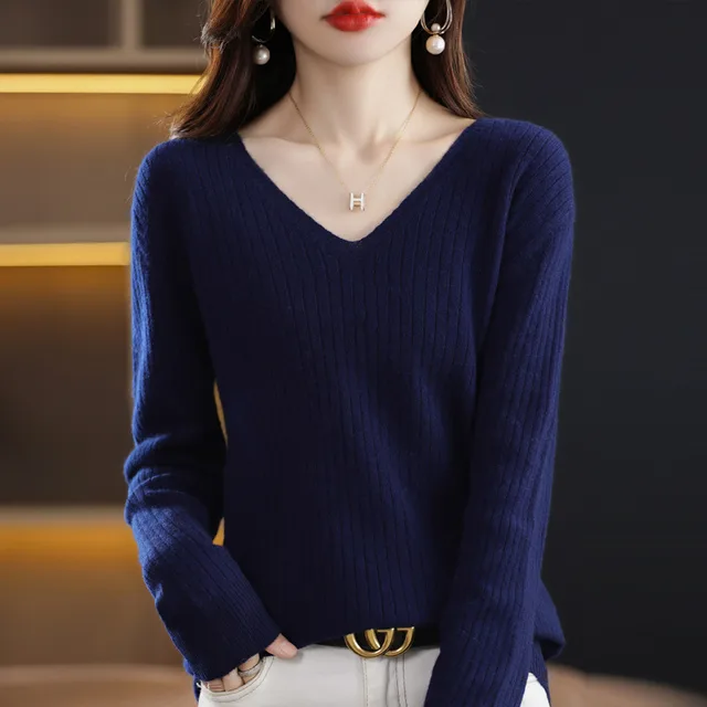 Women's Knitwear V neck Pullover Base Drawstring Plus Size Short Sweater Navy Blue - Shop at LoveMi