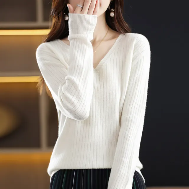 Women's Knitwear V neck Pullover Base Drawstring Plus Size Short Sweater White - Shop at LoveMi
