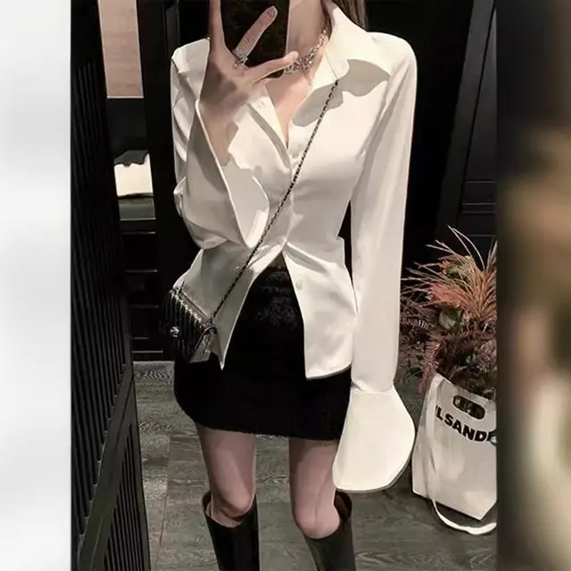 French Horn Long Sleeve Waist tight Niche Shirt Waist tight Slimming Lace Up Top White - Shop at LoveMi