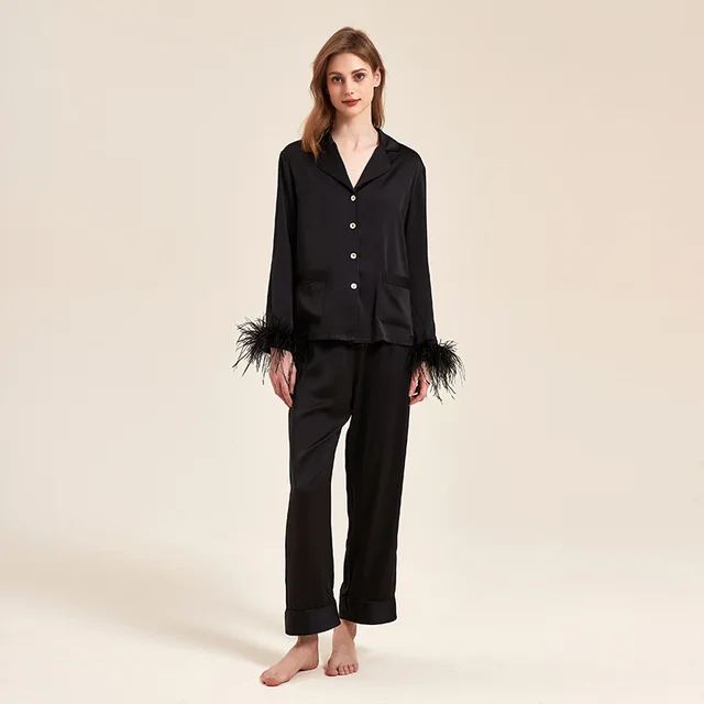 Removable Feather Ice Silk Pajamas Women Ostrich Feather Home Wear Suit Black - Shop at LoveMi