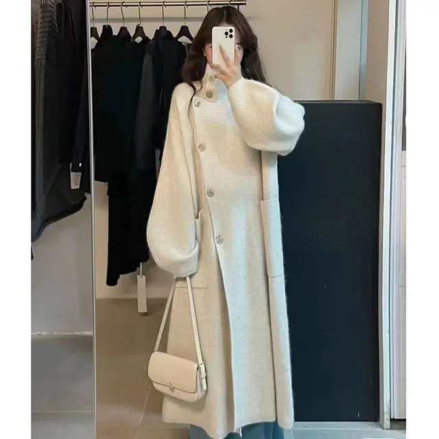 Mid length Wool Overcoat Coat Women's Outer Wear Turtleneck Knitting Sweater Cardigan Apricot - Shop at LoveMi
