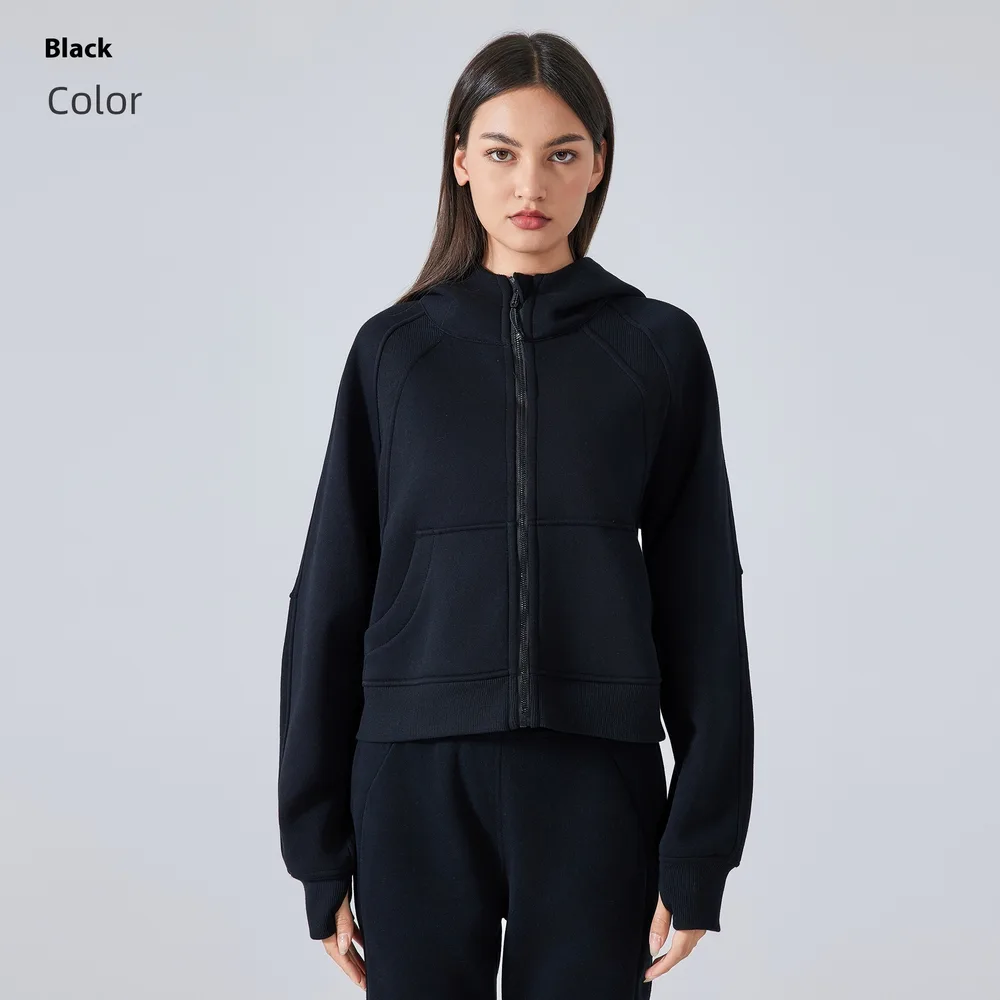 Fleece Zipper Hooded Sports Jacket Loose Yoga Clothes Black - Shop at LoveMi