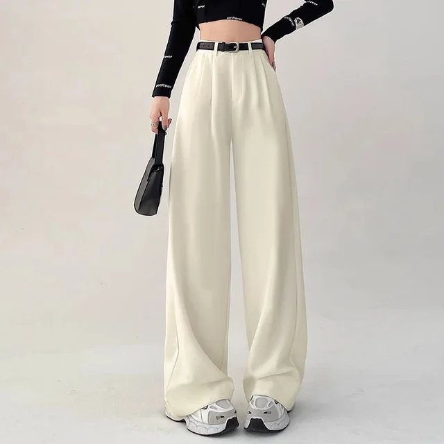 Suit Pants Women's Casual High Waist Loose Wide Legs Trousers Apricot Pants Length 95Cm - Shop at LoveMi