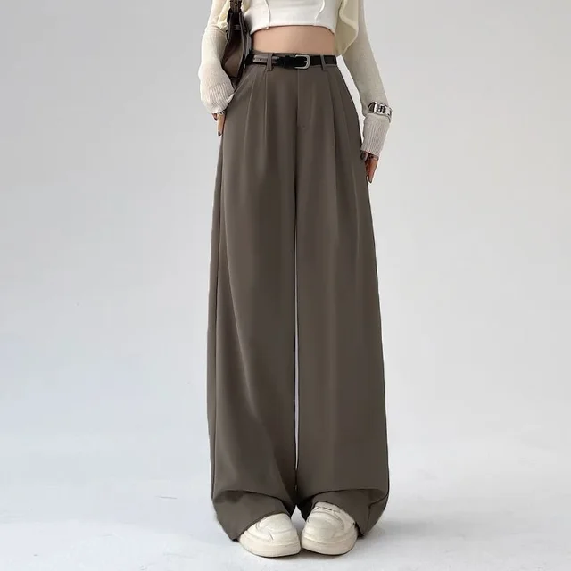 Suit Pants Women's Casual High Waist Loose Wide Legs Trousers Brown Pants Length 95Cm - Shop at LoveMi
