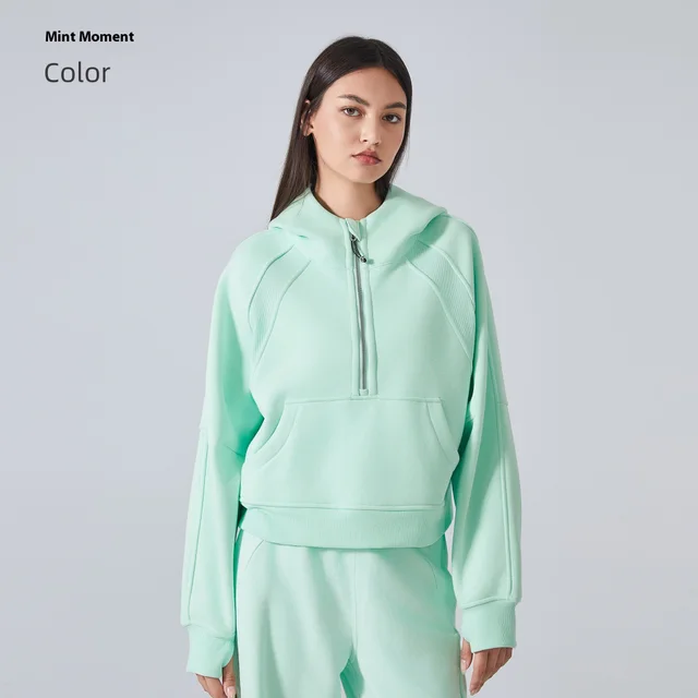 Fleece lined Warm Yoga Clothes Half Zipper Hooded Sweater Mint Moment - Shop at LoveMi