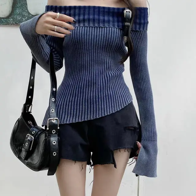 French Retro Ins Lapel Elegant Knitwear Women's Off shoulder Buckle Distressed Split Flare Sleeve Blue - Shop at LoveMi
