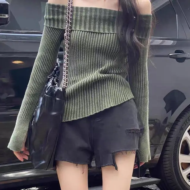 French Retro Ins Lapel Elegant Knitwear Women's Off shoulder Buckle Distressed Split Flare Sleeve Green - Shop at LoveMi