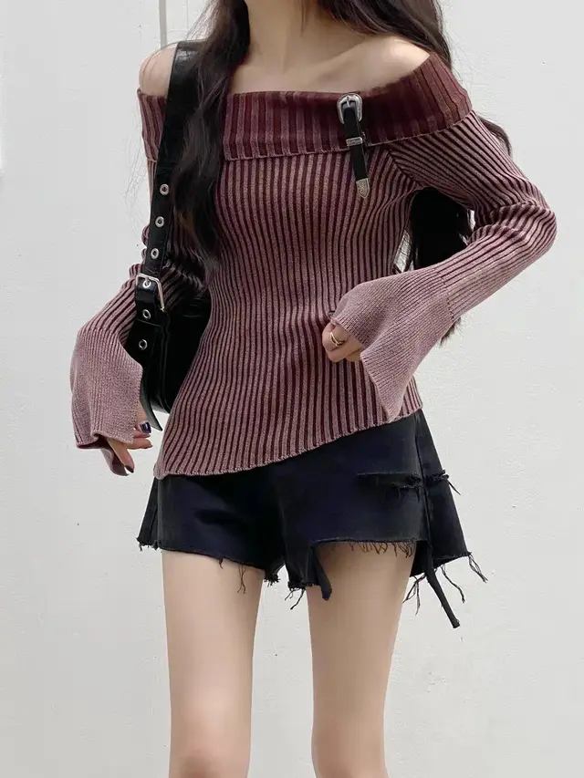French Retro Ins Lapel Elegant Knitwear Women's Off shoulder Buckle Distressed Split Flare Sleeve Khaki - Shop at LoveMi