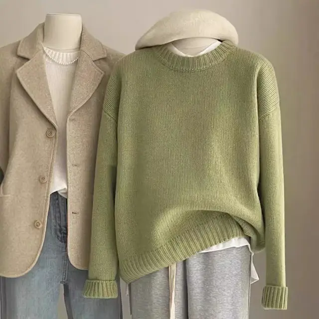 Loose Idle Style Sense Of Relaxation Round Neck Base Inner Sweater Avocado Green - Shop at LoveMi